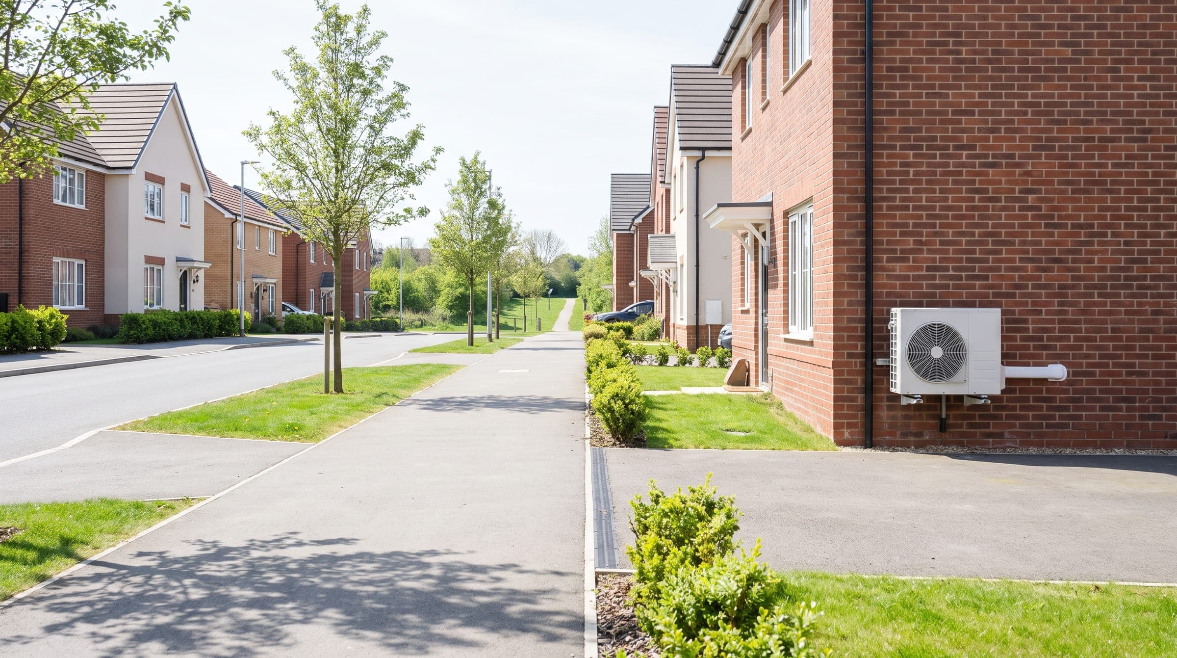 Modern brick and render family houses with gables and neat lawns, and a white outdoor unit on a side wall beside a driveway