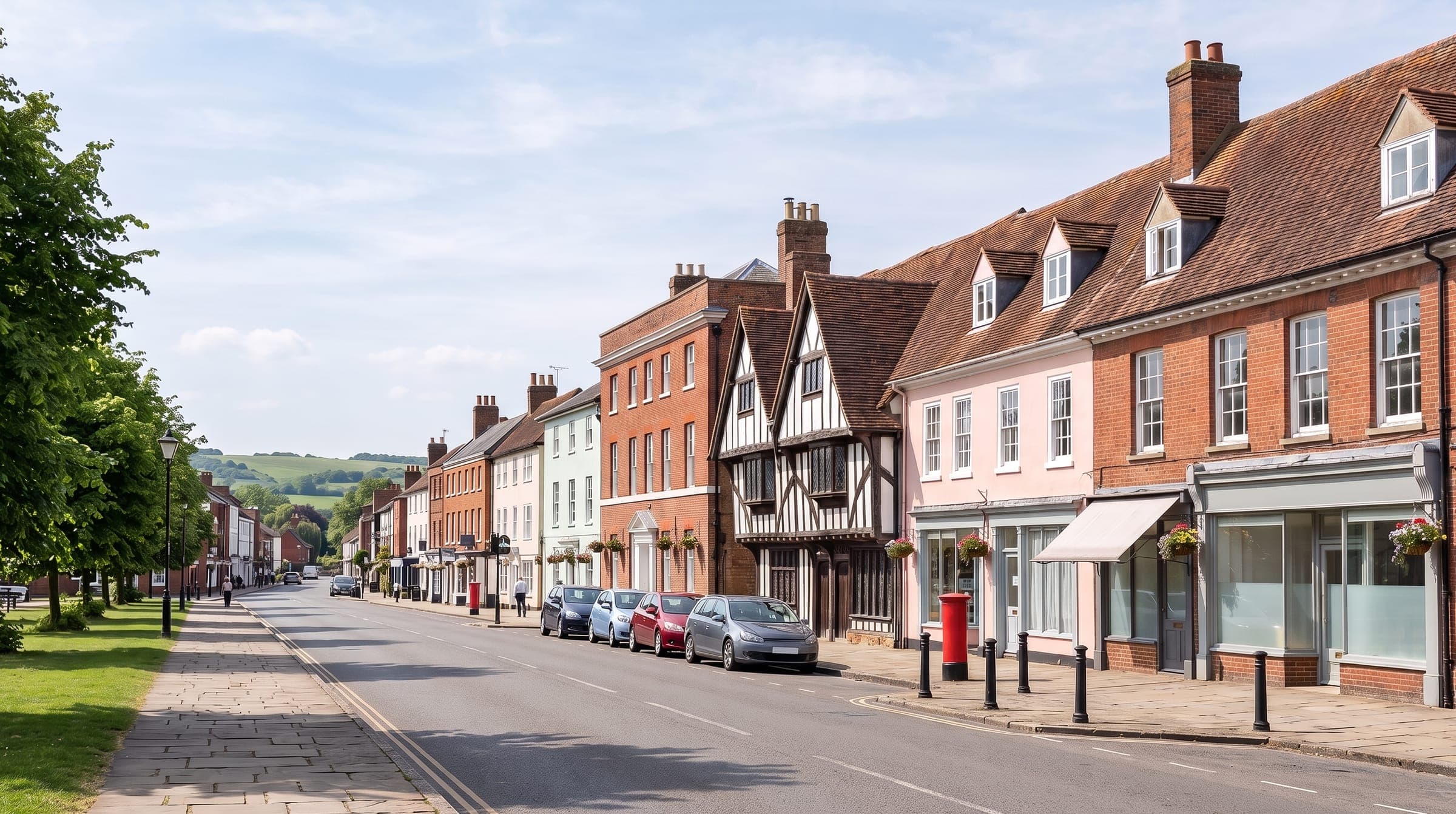 Wide Georgian high street with red-brick and rendered buildings in a north Hertfordshire market town
