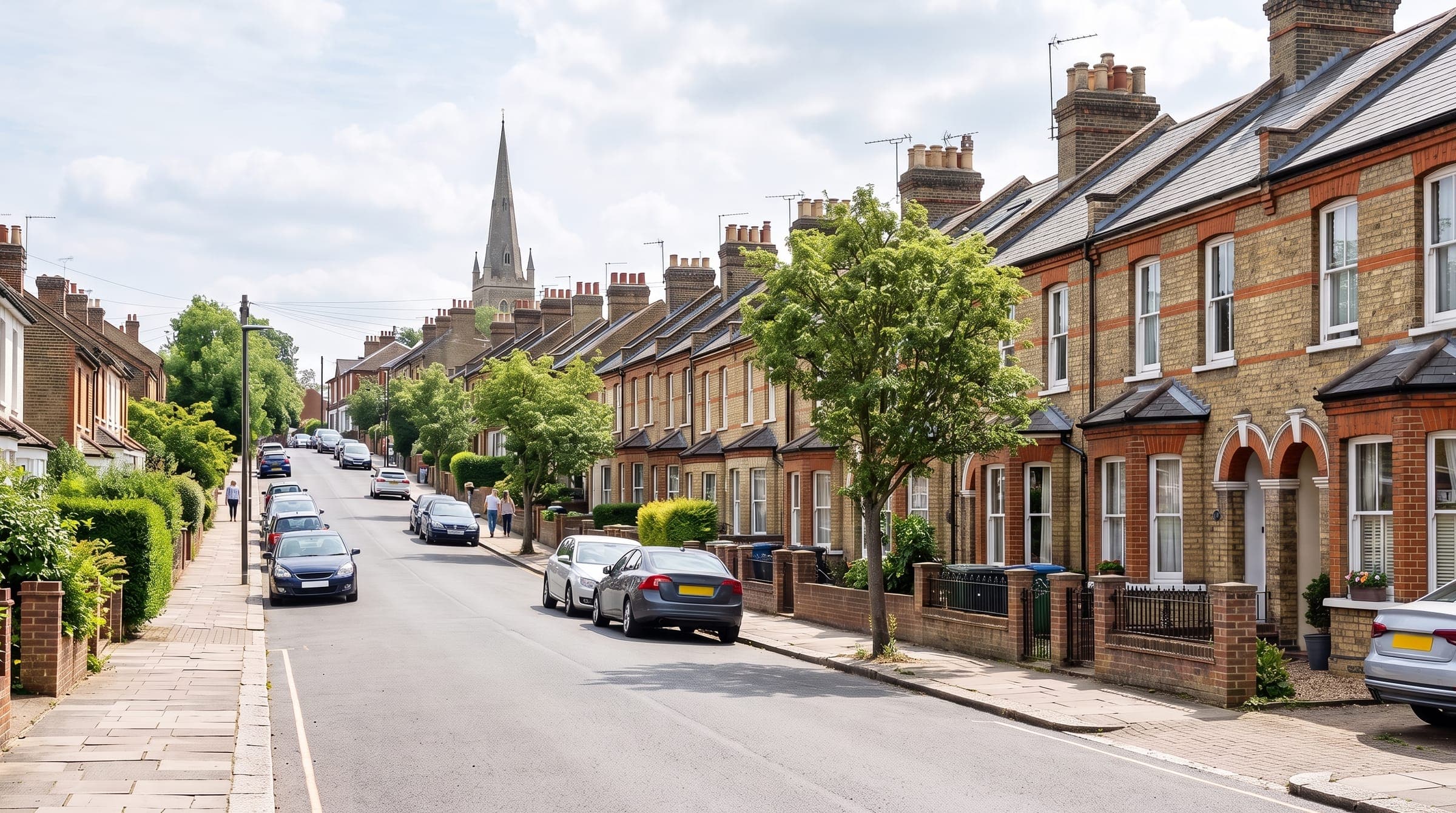 Victorian bay-fronted terraces on a hill rising to a church spire in an east Hertfordshire town