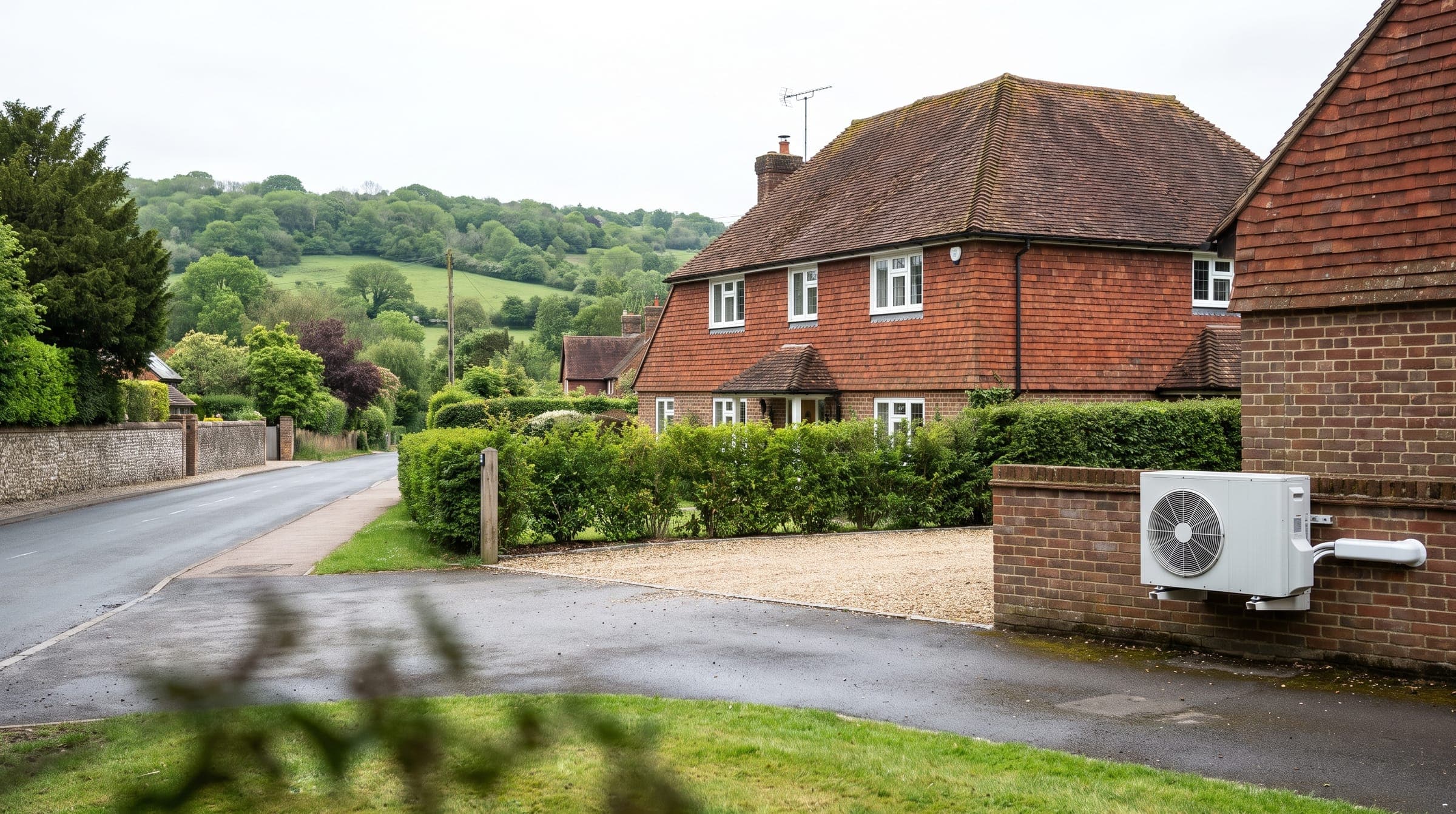 Tile-hung detached house on a village lane with a hedge, gravel drive and wooded hills behind, and a white outdoor unit on the brick garden wall