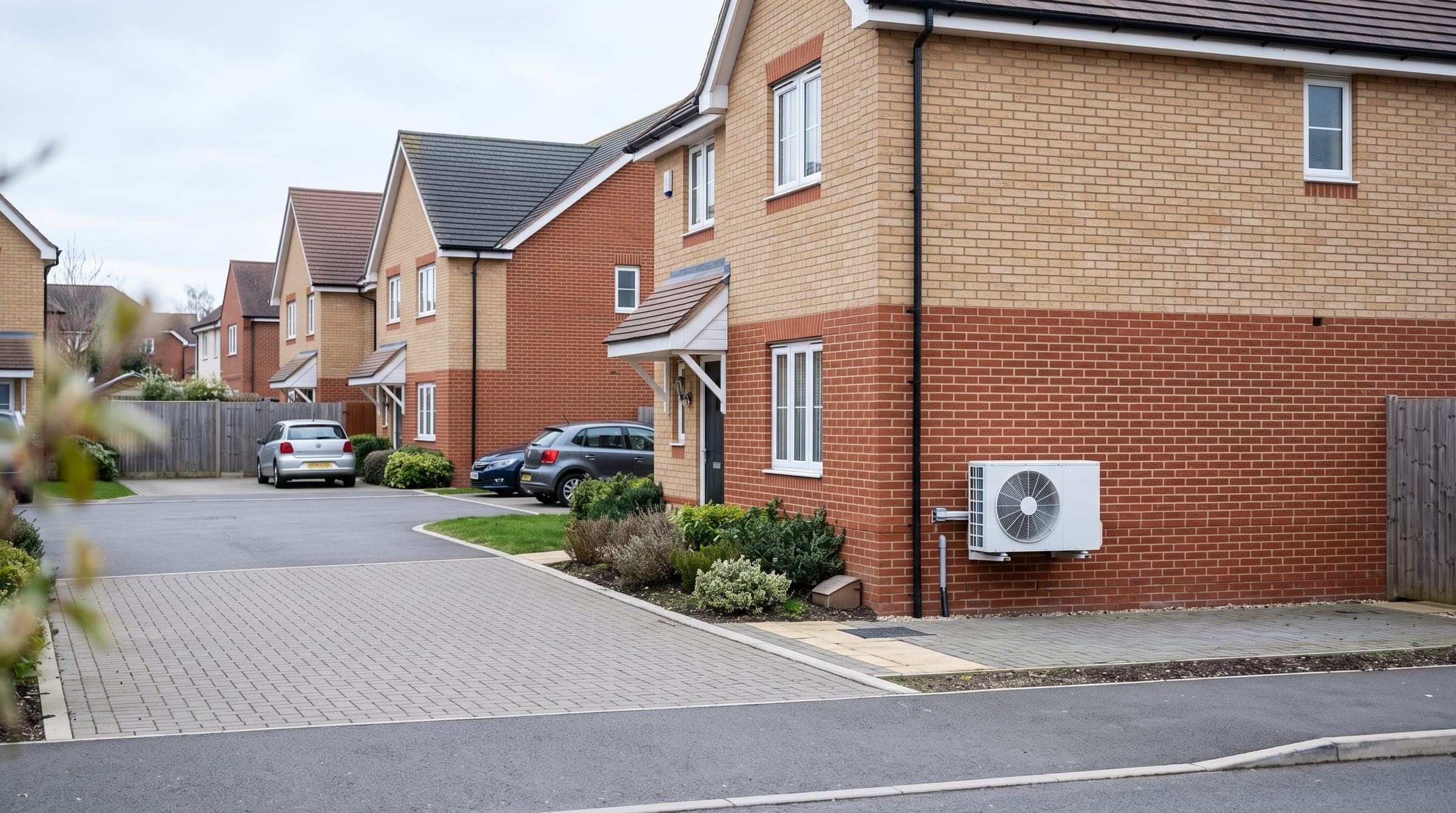 Modern brick family homes on a new estate with a white outdoor unit on the side wall of one house