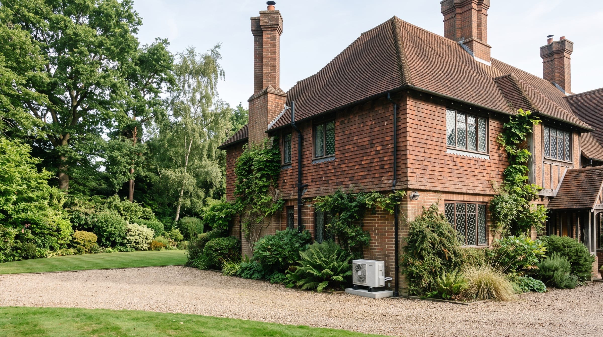 Arts and Crafts style detached house with a white outdoor unit beside the rear wall
