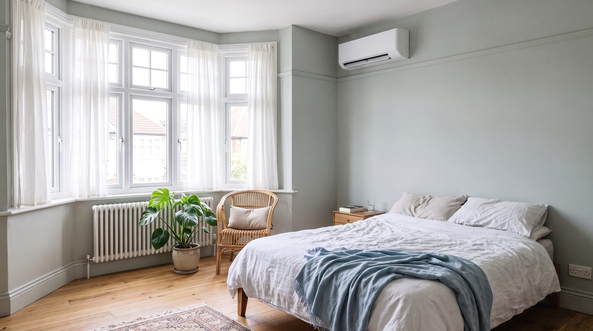 Slim white wall-mounted air conditioning unit with its flap open, high on the wall of a calm 1930s bedroom with a bay window