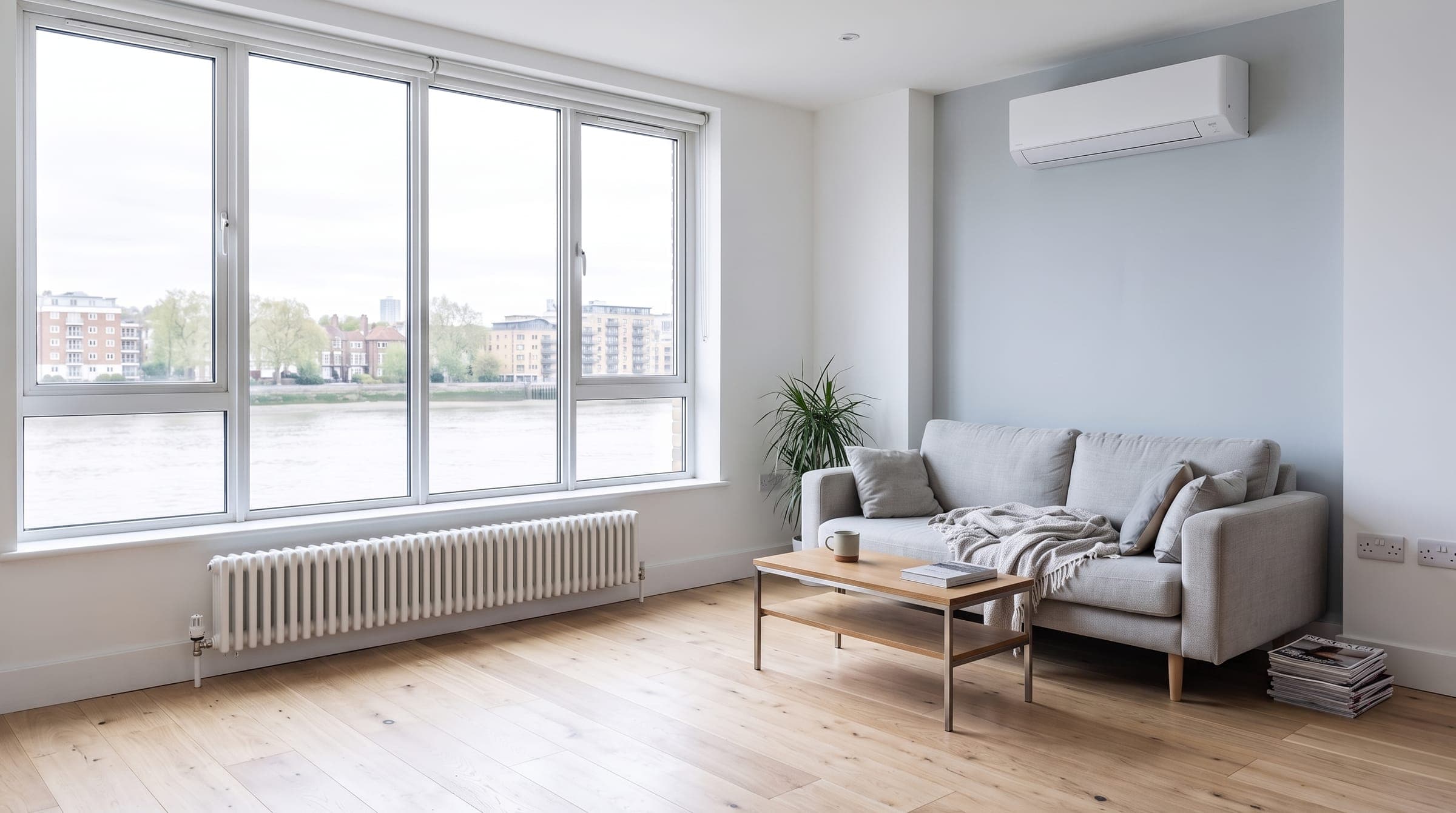 Slim white wall-mounted air conditioning unit in the living room of a modern riverside flat