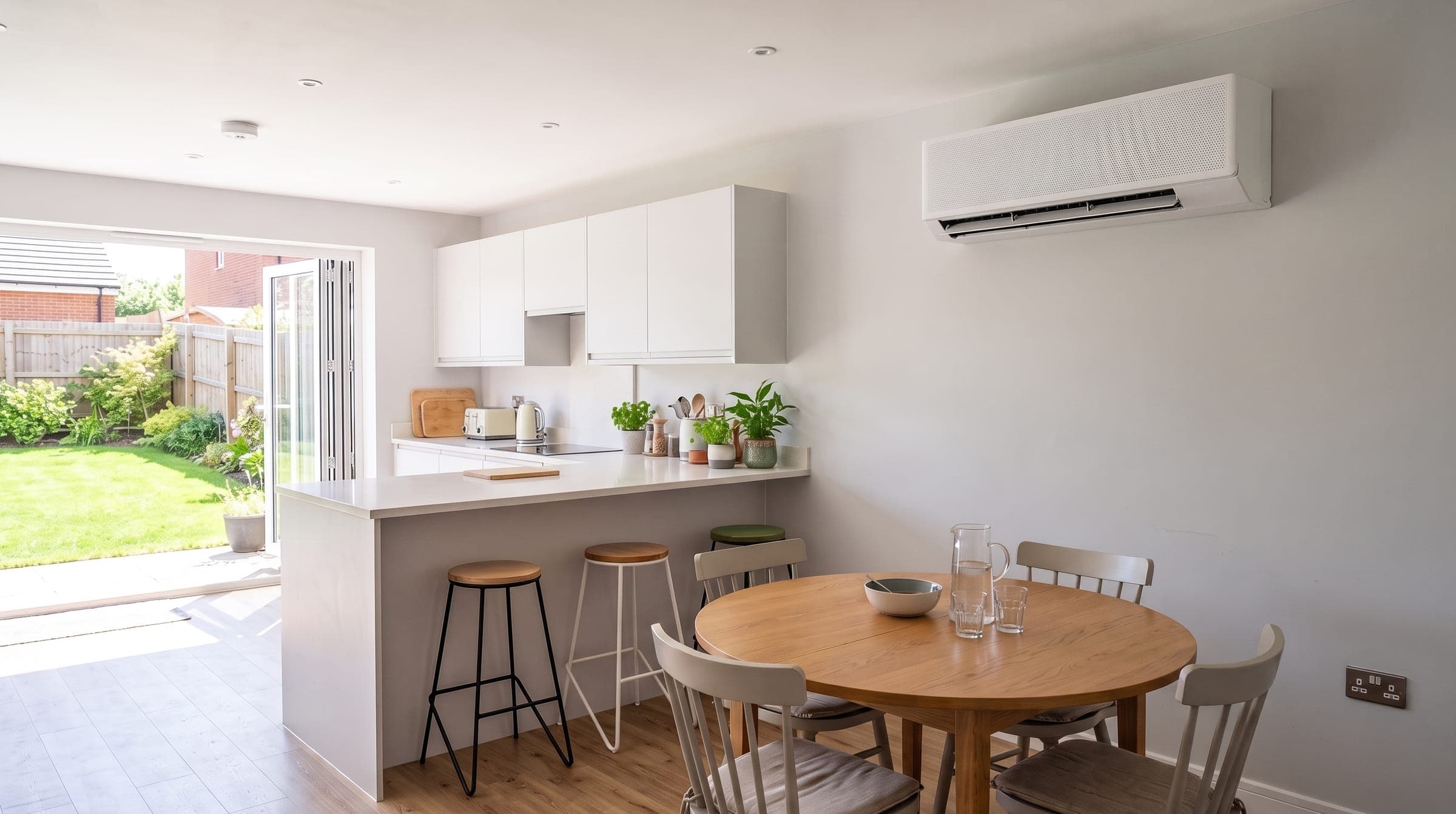 Wall-mounted air conditioning unit with a finely perforated front, high on the wall of a bright new-build kitchen-diner