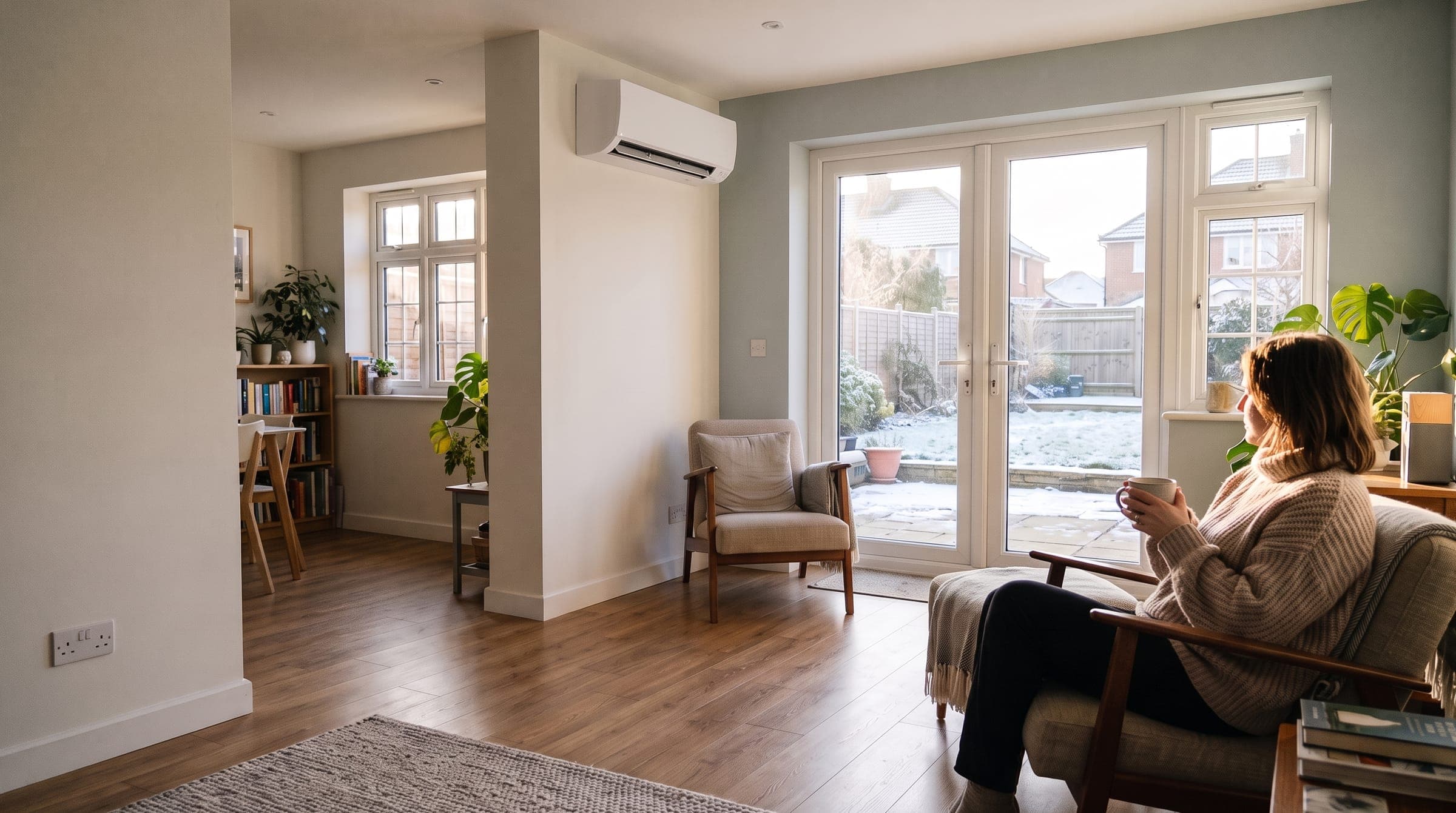 Bright living room on a frosty winter morning, a woman in a jumper with a mug while a white wall unit with its flap open heats the room