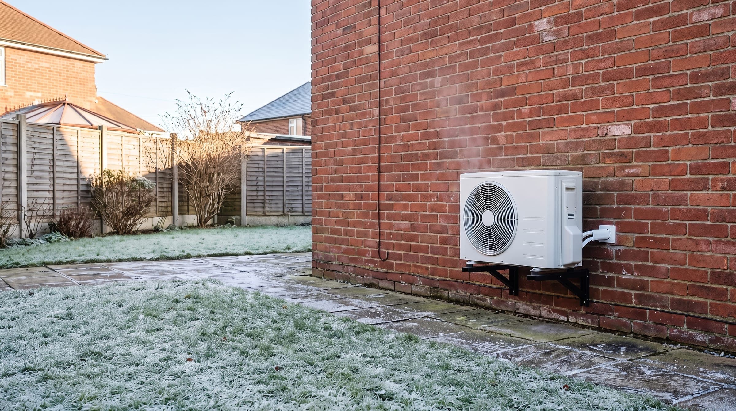 Outdoor heat pump unit on a wall bracket at ground level on the back wall of a brick house, on a bright frosty morning