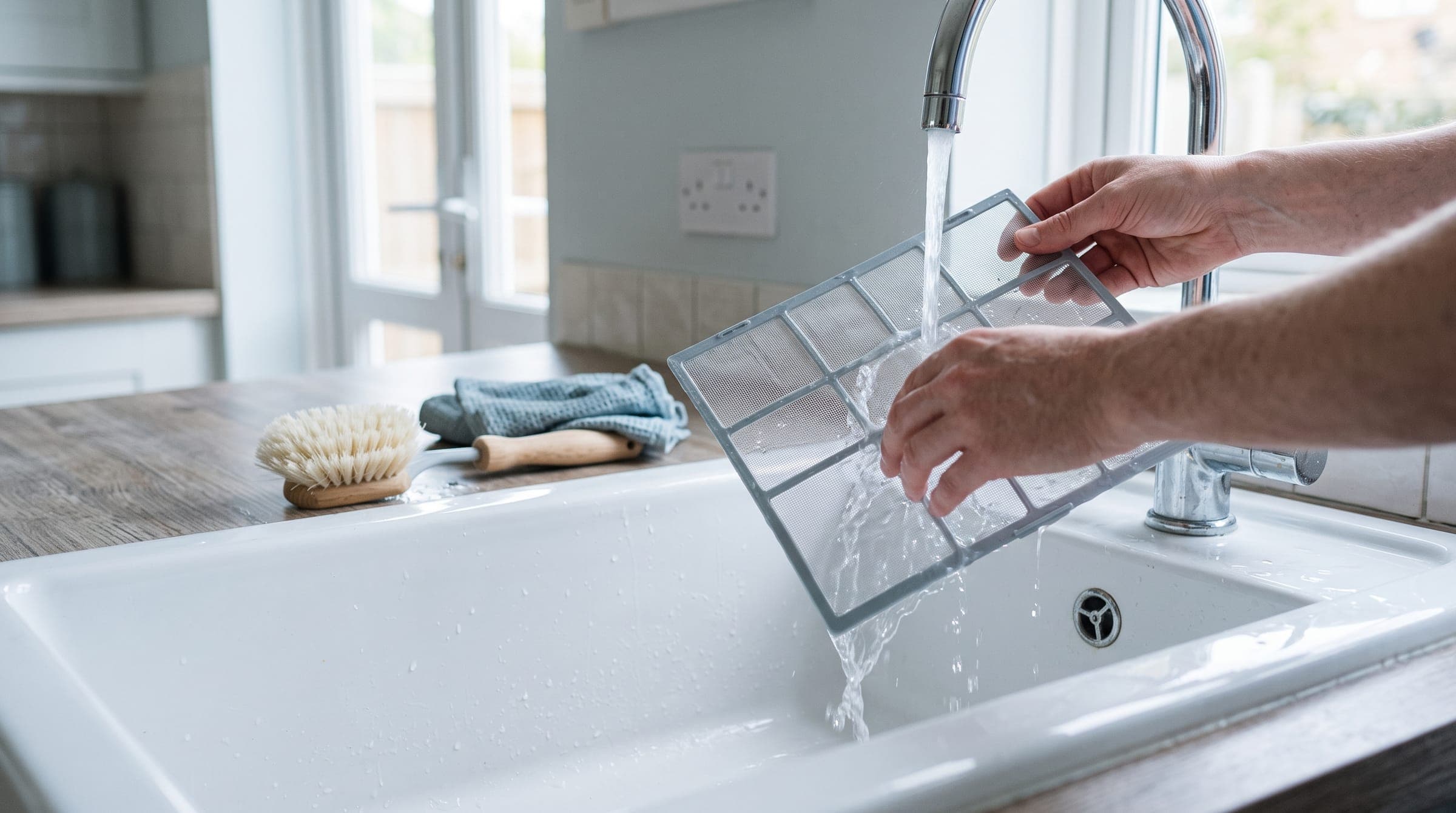 Hands rinsing a mesh air conditioning filter under a kitchen tap in a bright UK kitchen