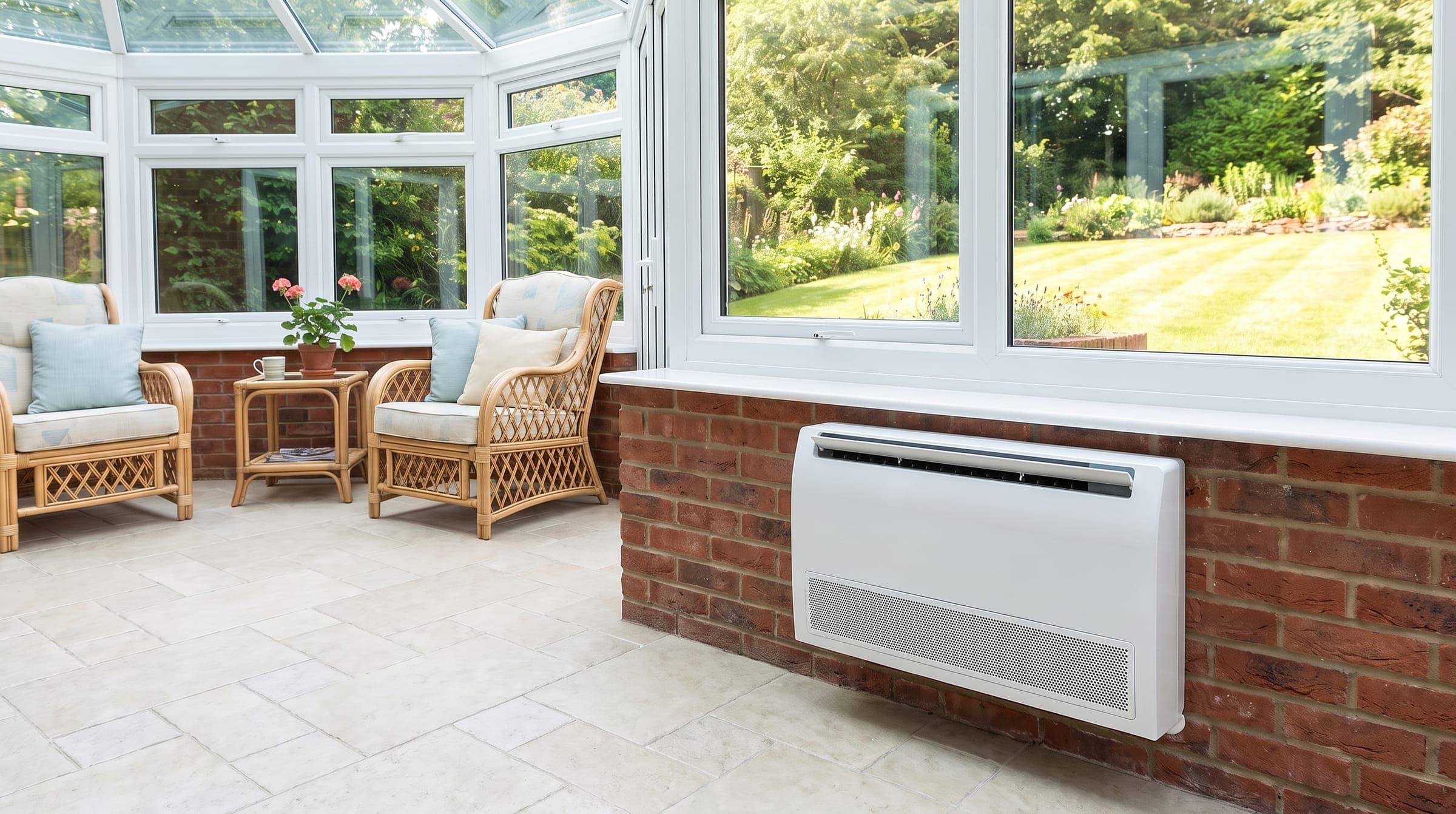 Bright UK conservatory with garden views and rattan chairs, a white floor-standing air conditioning console against the solid dwarf wall