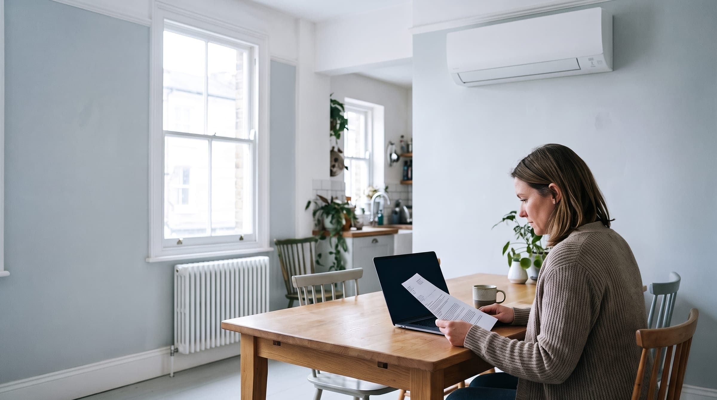 Homeowner at a kitchen table reading a printed air conditioning quote, with a white wall unit on the wall behind