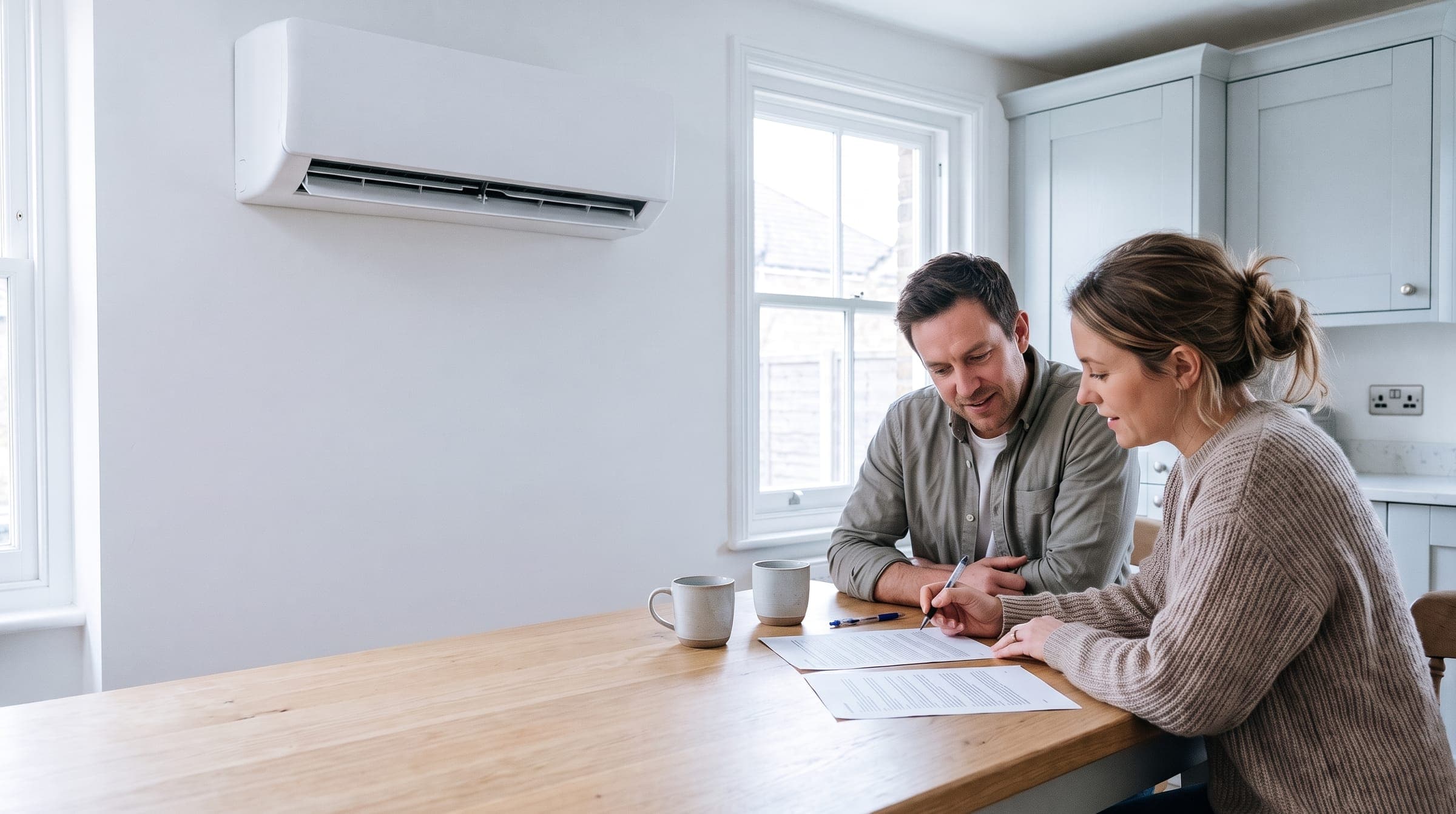 Couple at a kitchen table comparing two printed air conditioning quotes, with a white wall unit on the wall behind them