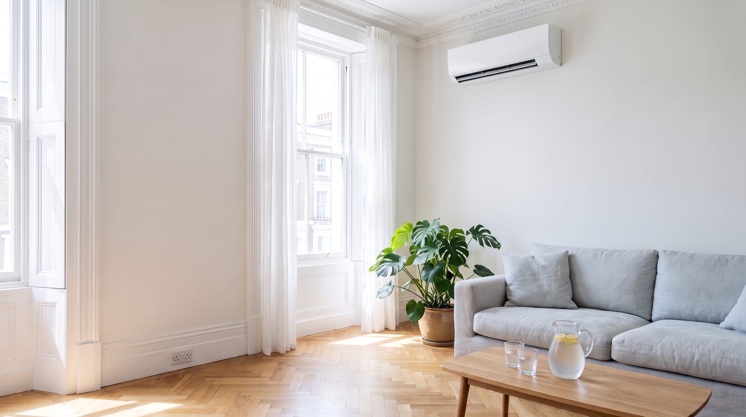 Fixed white air conditioning unit high on the wall of a bright London flat living room above a pale sofa, its flap open as it runs