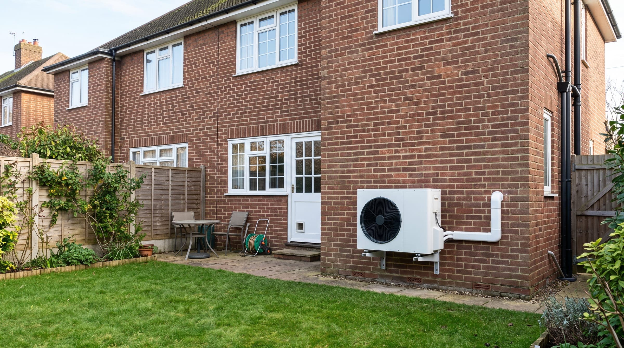 Back of a UK semi-detached house with a compact outdoor unit on a wall bracket at ground level beside the garden