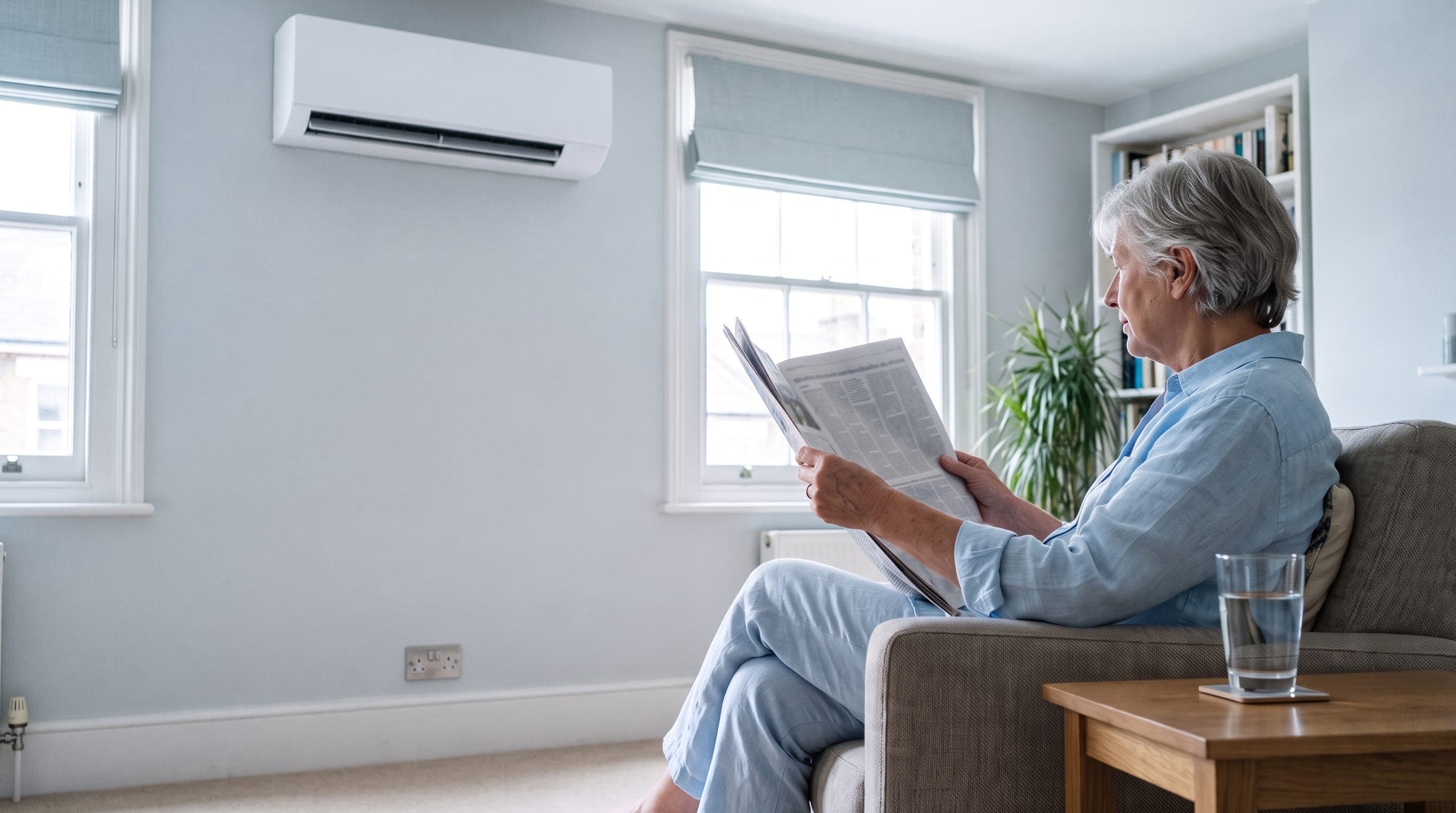 Older person sitting comfortably in a bright, cool London flat on a sunny day with a glass of water, blinds half drawn and a white wall unit