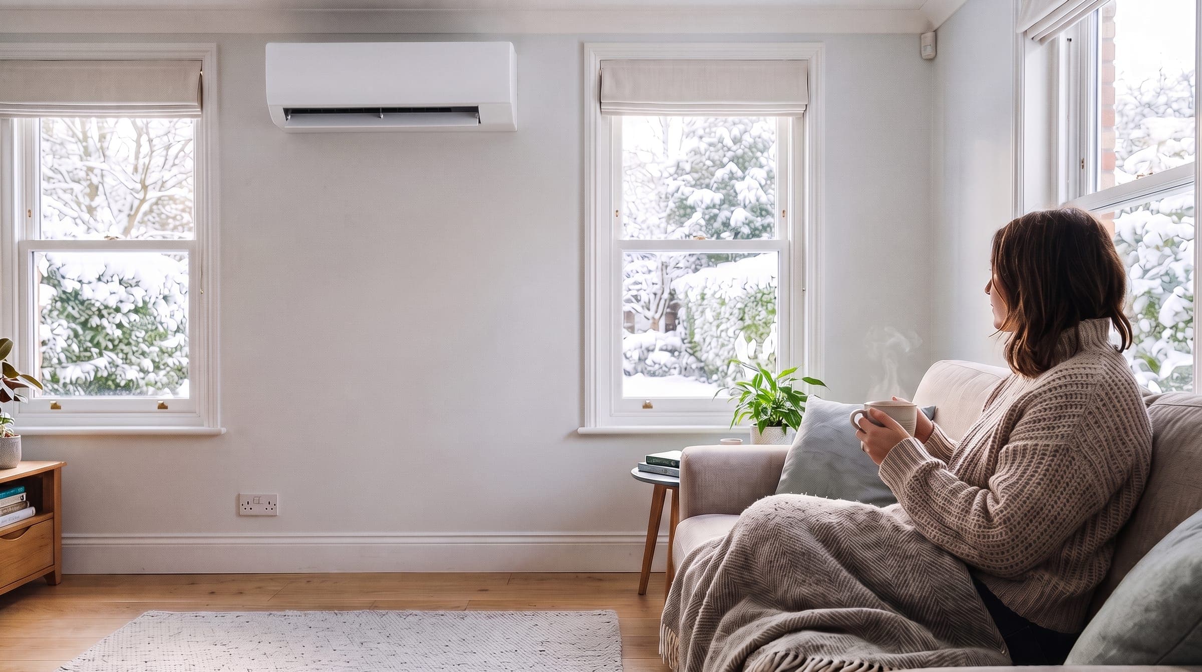 Bright, cosy UK living room on a frosty winter morning, a person in a jumper holding a mug, a white wall unit warming the room