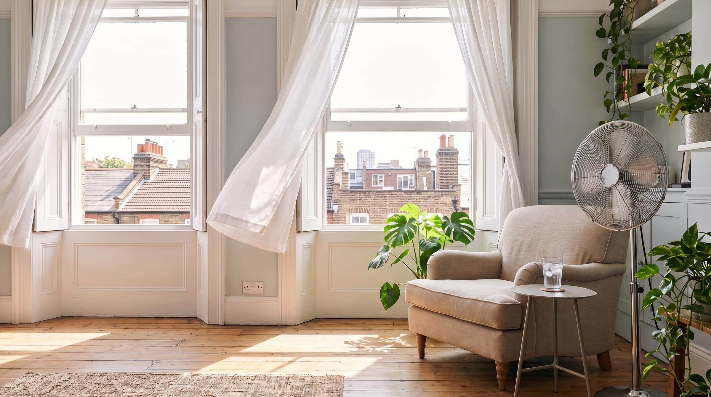 Sunlit top-floor London flat living room on a hot afternoon, windows open and light curtains moving, with a white wall unit on the wall