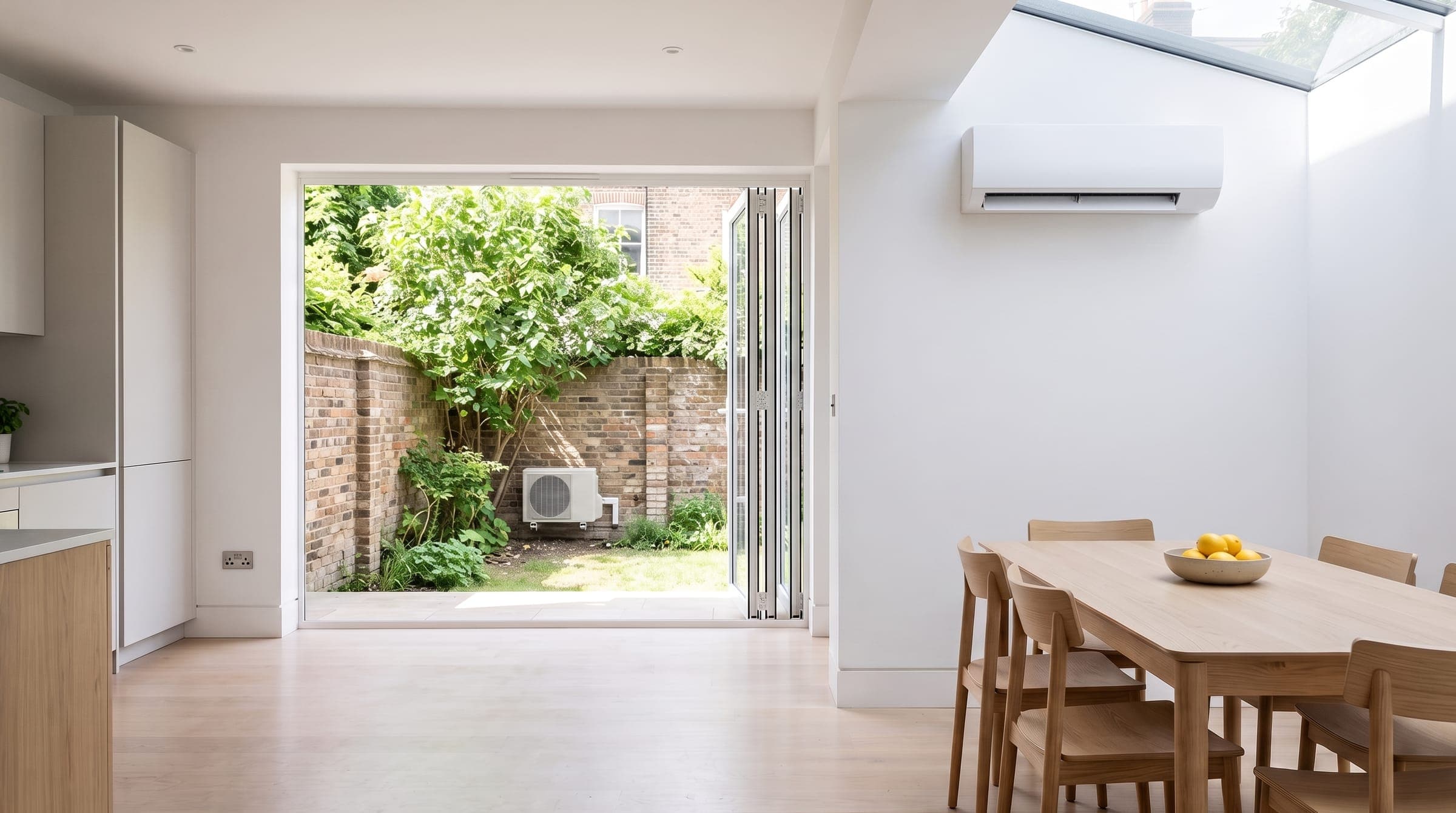 Bright kitchen-diner with a white wall unit high above the table, and its outdoor unit on the garden wall seen through open glass doors