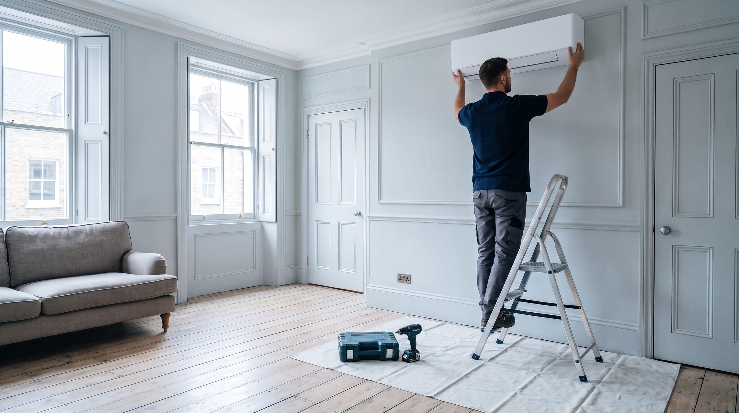 Engineer on a stepladder fitting a white wall unit high on a bright UK living-room wall, its pipes going into the wall behind it