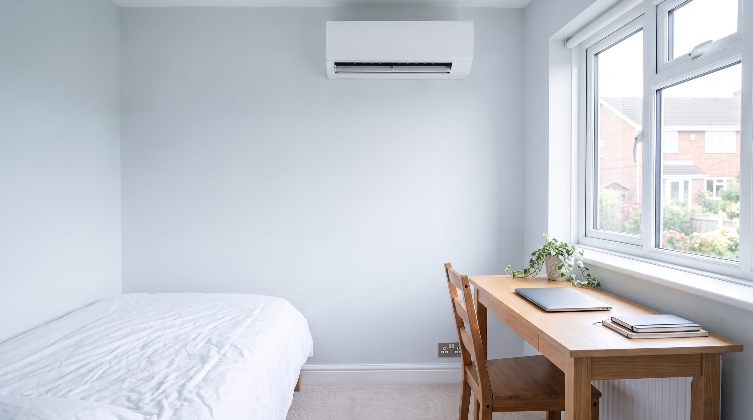 Calm UK bedroom with a white wall-mounted air conditioning unit above the bed, its flap open as it runs