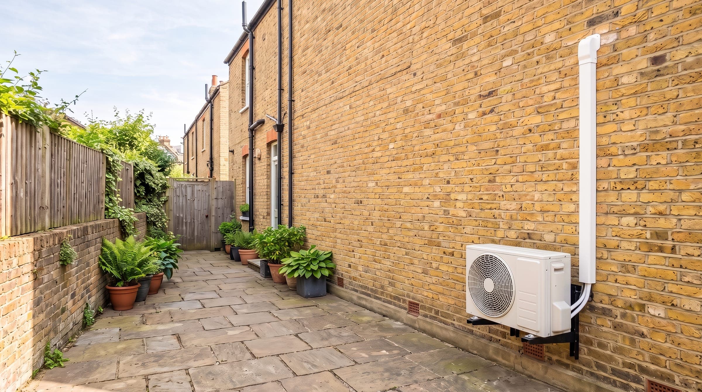 Outdoor air conditioning unit on a ground-floor wall bracket in the side passage of a London stock brick house, with neat white trunking
