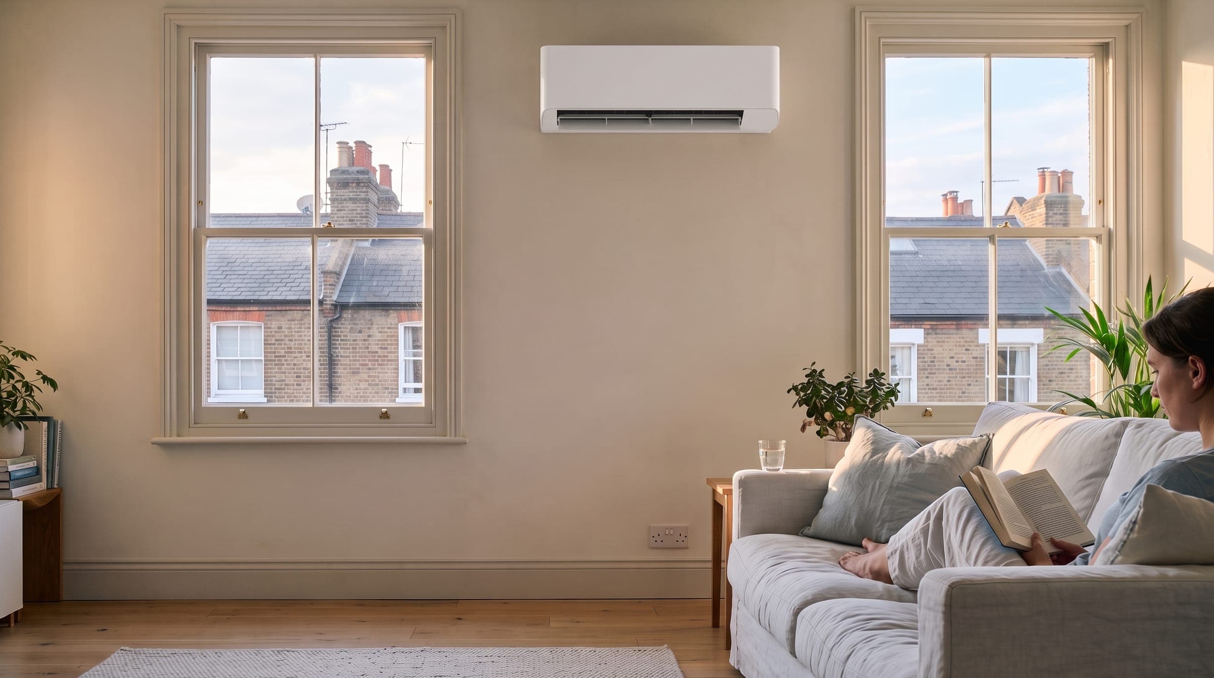 Bright London top-floor living room on a summer evening, a white air conditioning wall unit running and a person relaxing on the sofa