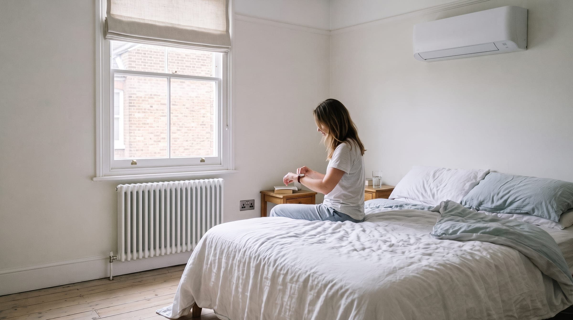 Woman sitting on a bed in a bright bedroom with a slim white air conditioning unit high on the wall