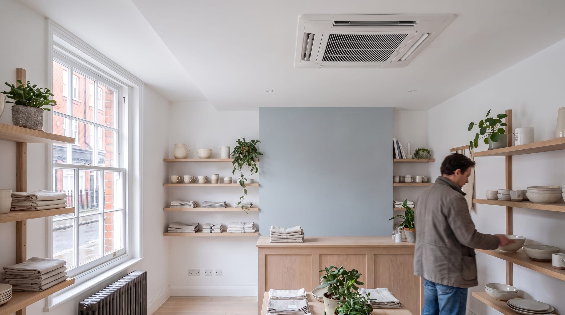 Independent homeware shop with a white ceiling cassette air conditioning unit set into the ceiling