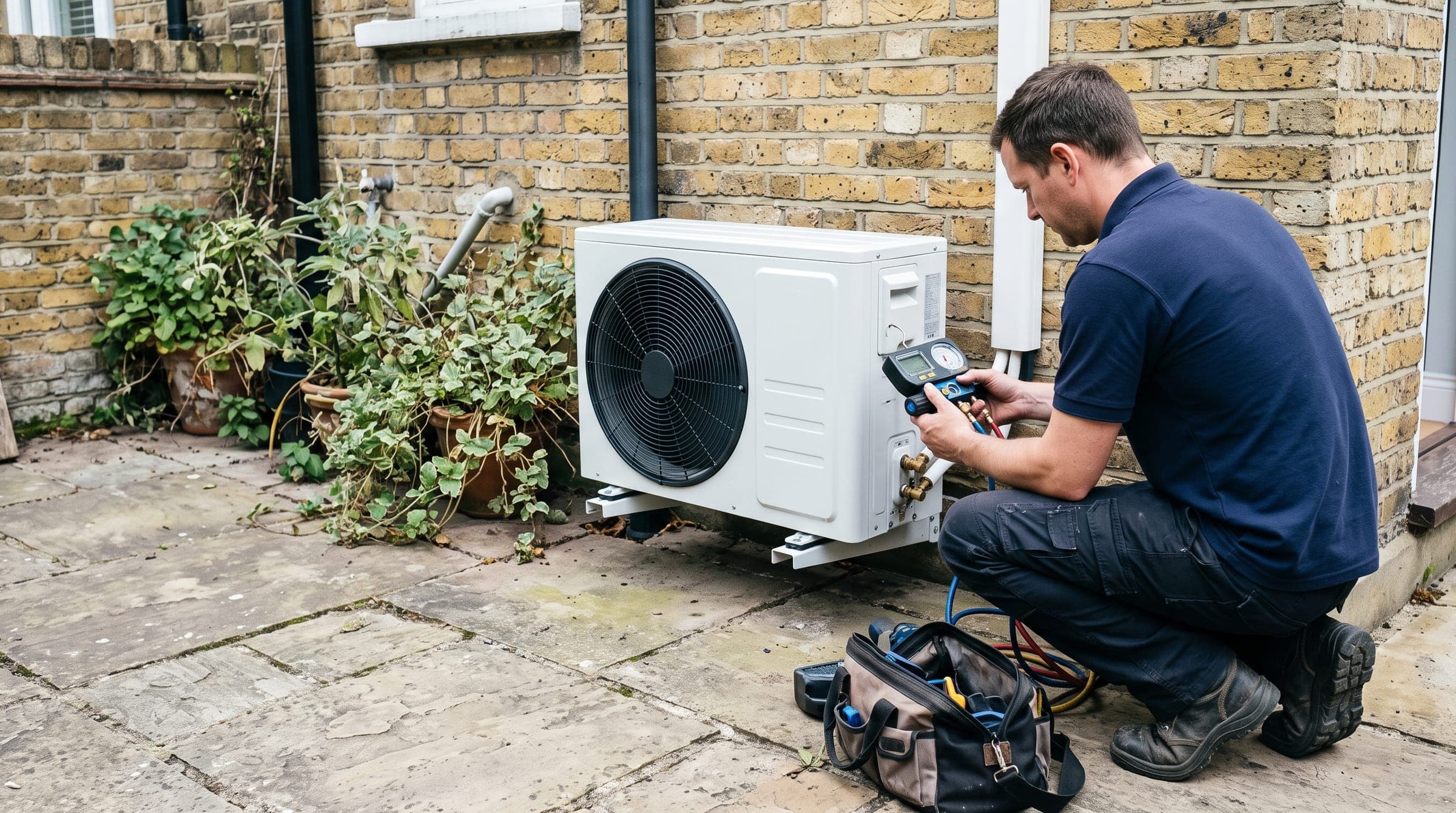 Air conditioning engineer checking an outdoor unit with refrigerant gauges